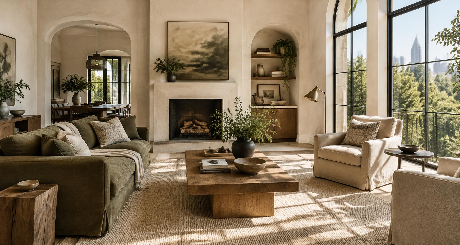 Illustrative sunlit residence with an olive sofa and tall architectural windows